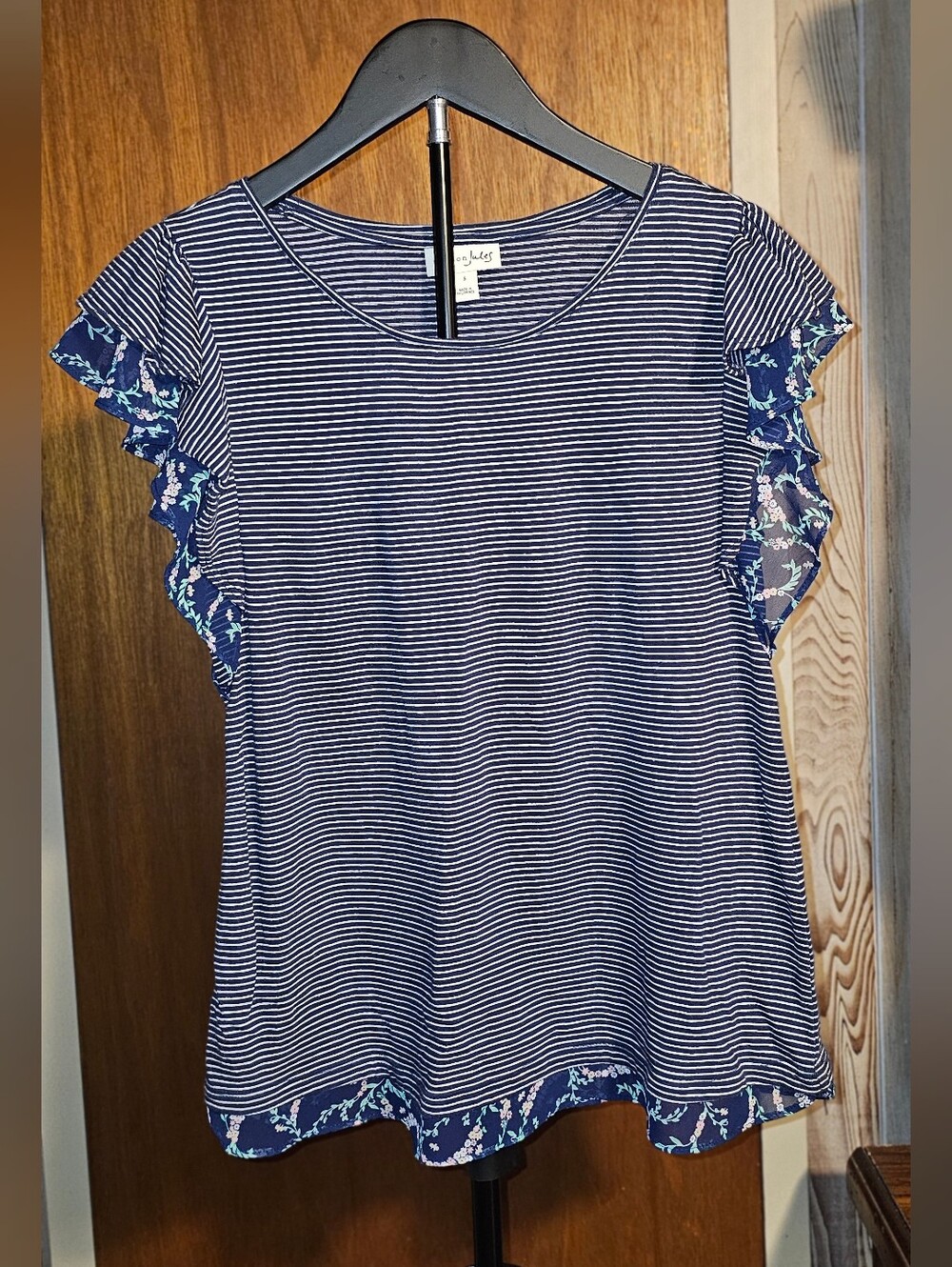 Maison Jules Navy and White Striped Short Sleeve Top with Floral Ruffle Trim